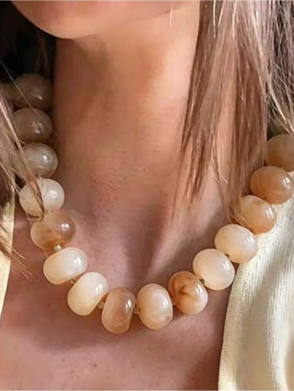 Neutral Beaded Statement Necklace - Cream Brown Beads